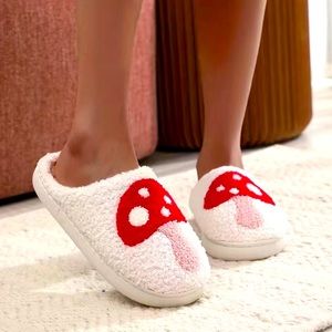 Plush pink/red mushroom slippers, size 6.5-7